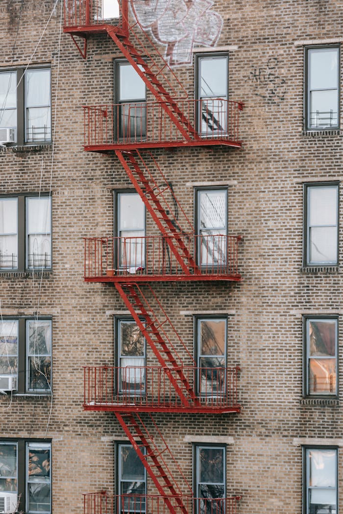 Exterior of modern multistory building with windows and balconies with ladders in town street in daytime